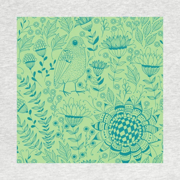 Bird and flowers doodle pattern green by katerinamk